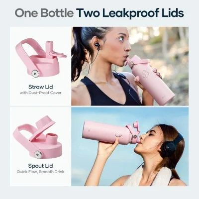 Buzio Duet Series Water Bottle with 2 Lids and Sleeve 1.2L - Pink